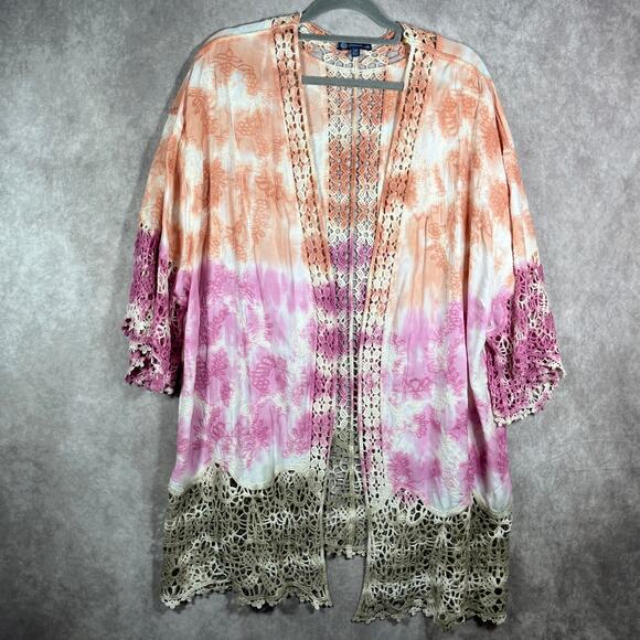 Democracy Kimono Top Womens 2X‎ Multicolor Tie Dye Crochet Trim Open Front Boho - Picture 2 of 11